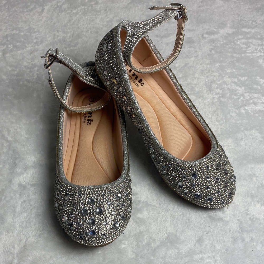 NWOT Link Sparkling Embellished Ankle-Strap Ballet Flats - Silver Size 12